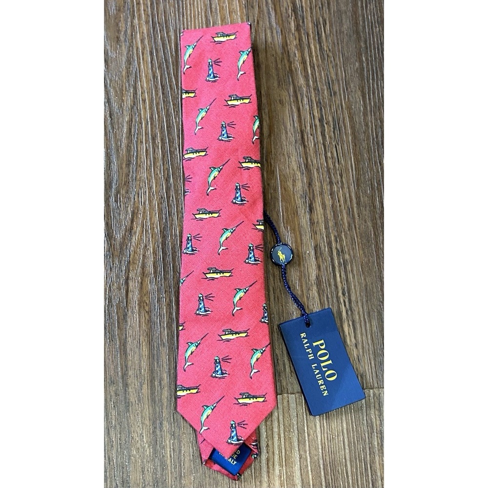 Polo Ralph Lauren Red Fish Necktie Hand Made in Italy MSRP 59.50$ One Size 8-20